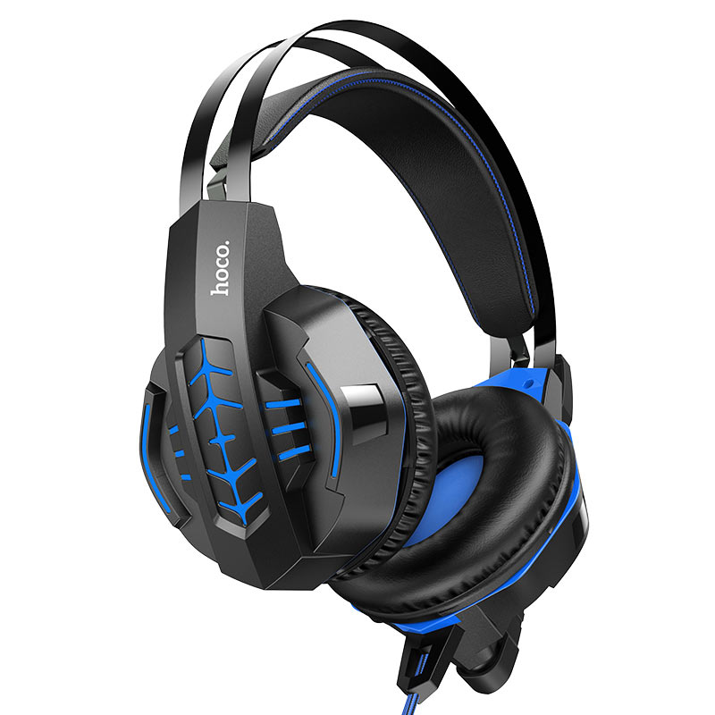 Гарнитура Hoco W102 Cool tour gaming, 2xjack 3.5mm/jack 3.5mm/USB (подсветка), черный/синий (6931474740939)