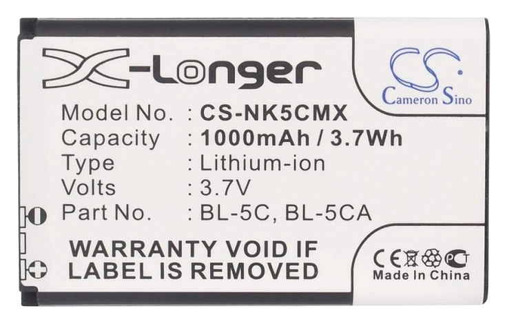 Аккумулятор CameronSino CS-NK5CMX/ BL-5C, BL-5CA, BL-5CB, BL-5CV, H15132, TB-BL5C, 1ICP5/3450, 1S1P, AB1050CWMC, AB1050FWMX, BK-BL-5C, BR-5C, H15132, LI3795BKG, TB-BL5C, AB1050CWMC, AB1050GWMF AB1050GWMT для Nokia 1100, 1101, 1110, 1110i, 1112, 1255, 1315, 1600, 2118, Li-Ion, 1000mAh, 3.7V