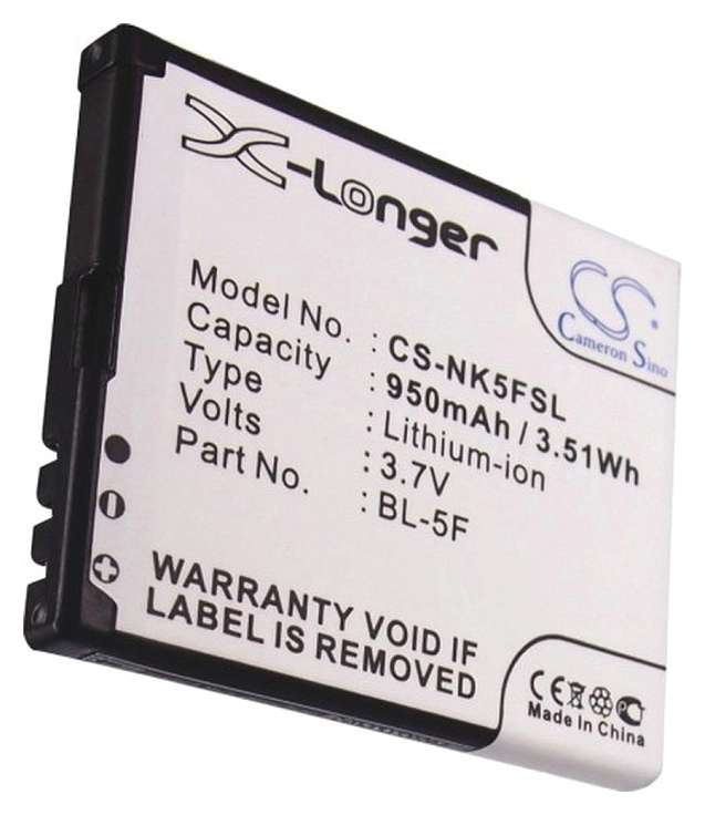 

Аккумулятор CameronSino CS-NK5FSL/BL-5F, CS-NK5FSL для Nokia 6210, 6260, 6290, 6710, E65, N78, N79, N93i, Li-Ion, 950mAh, 3.7V, CS-NK5FSL