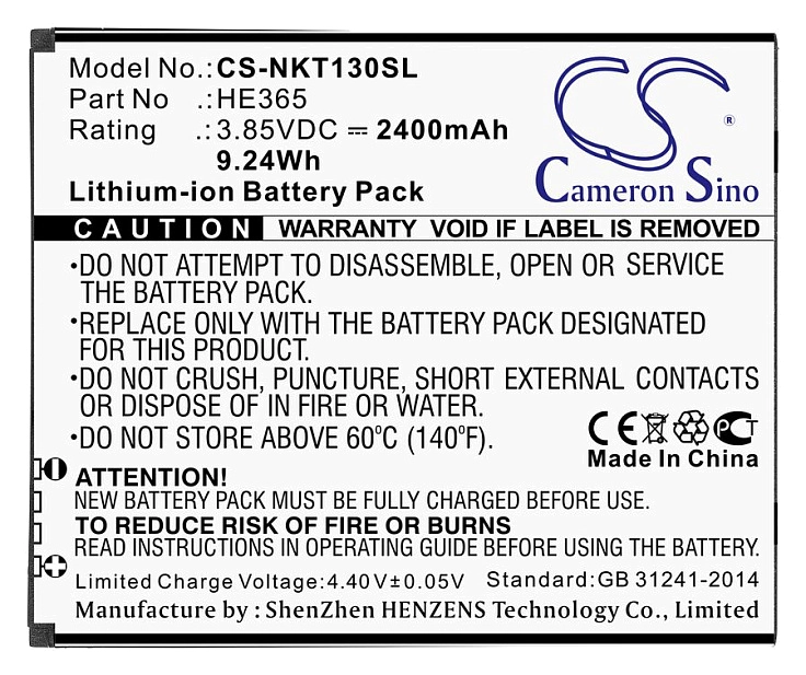 

Аккумулятор CameronSino CS-NKT130SL/HE365 для Nokia 1 Plus, TA-1130, TA-1123, TA-1127, TA-1111, Li-Ion, 2400mAh, 3,85V, CS-NKT130SL