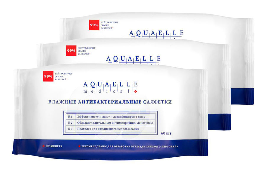 

Салфетки влажные антибактериальные 3x60шт. универсальные 1474063 AQUAELLE Medical, -