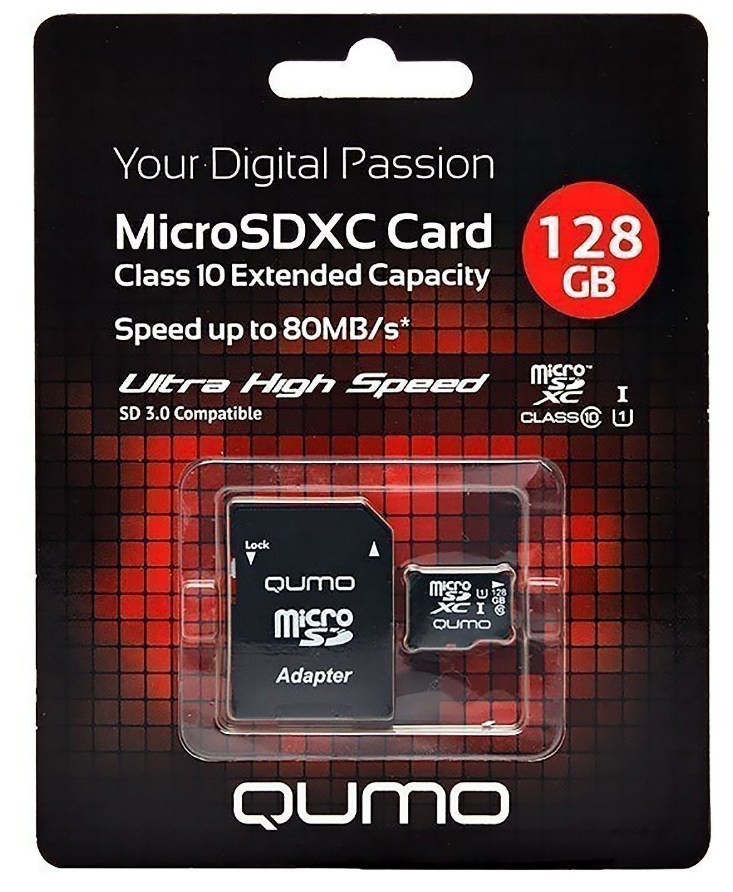 Карта памяти 128Gb microSD Qumo Class 10 UHS-I 3.0 + адаптер (-)