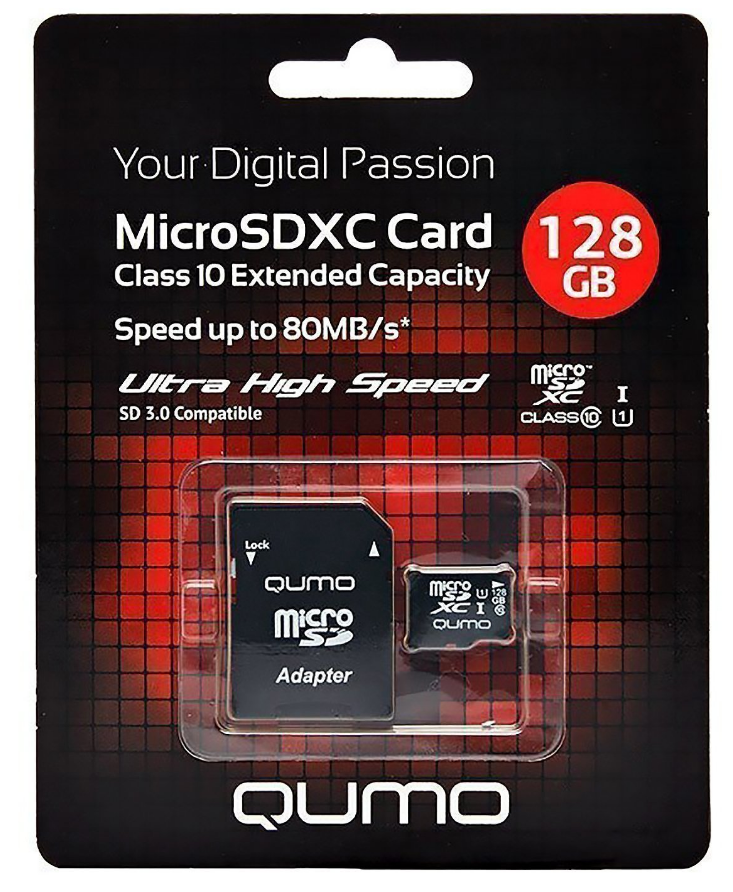 Карта памяти 128Gb microSD Qumo Class 10 UHS-I 30 адаптер - 1500₽