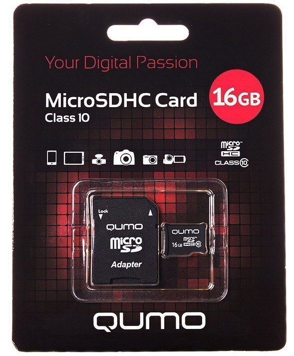 Карта памяти 16Gb microSD Qumo Class 10 + адаптер (-)