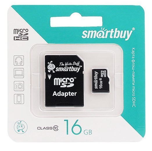 Карта памяти 16Gb microSD Smart Buy Class 10 + адаптер (-)