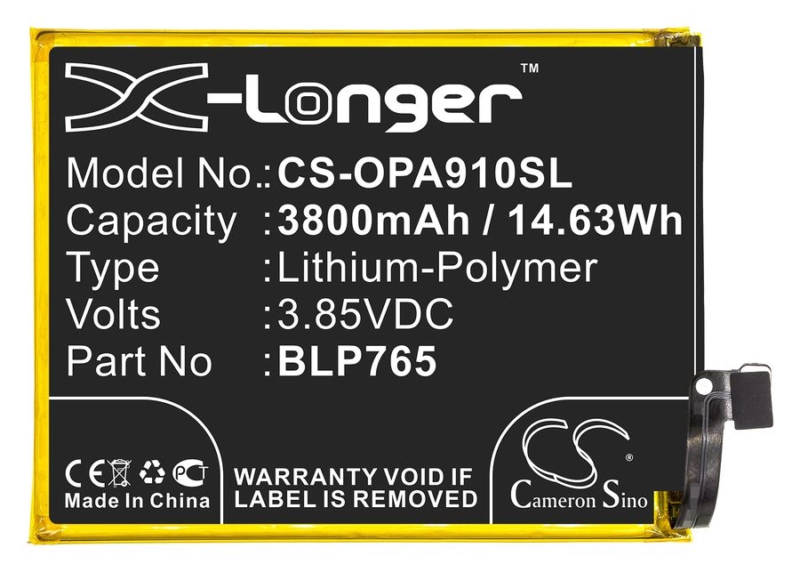 

Аккумулятор CameronSino CS-OPA910SL/BLP765 для OPPO A91, PCPM00, F15 2020, CPH2001, Li-Pol, 3800mAh, 3,85V, CS-OPA910SL