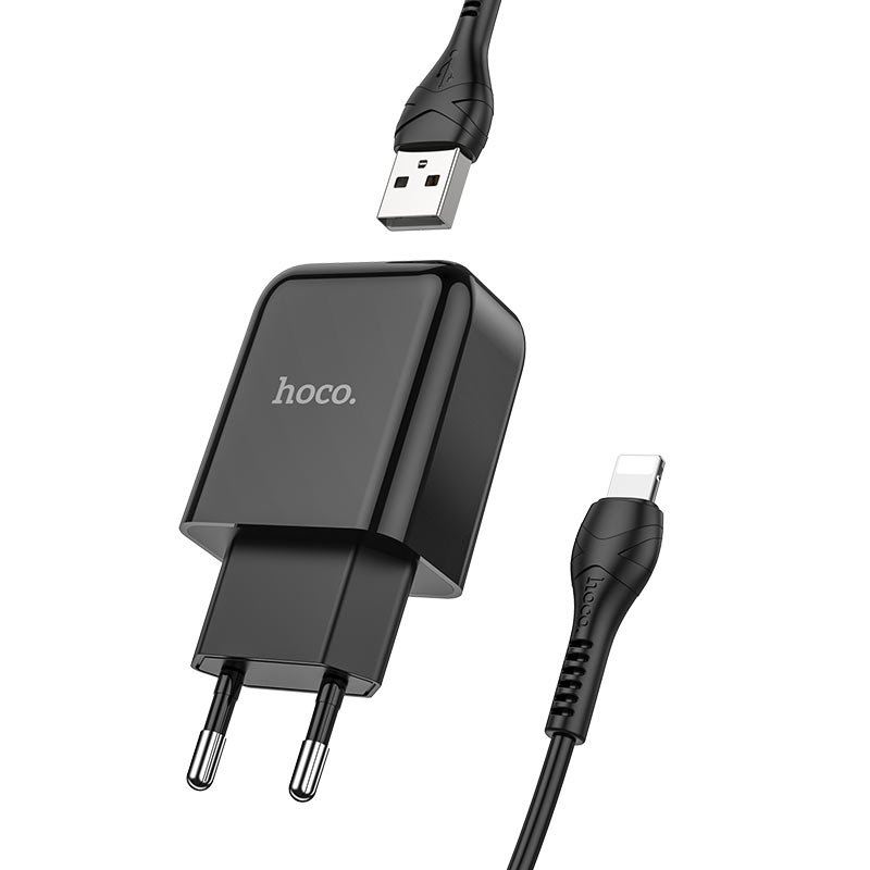 

Сетевое зарядное устройство Hoco N2 Vigour, 1USB, 2A, черный (6931474728821), кабель Lightning, N2 Vigour