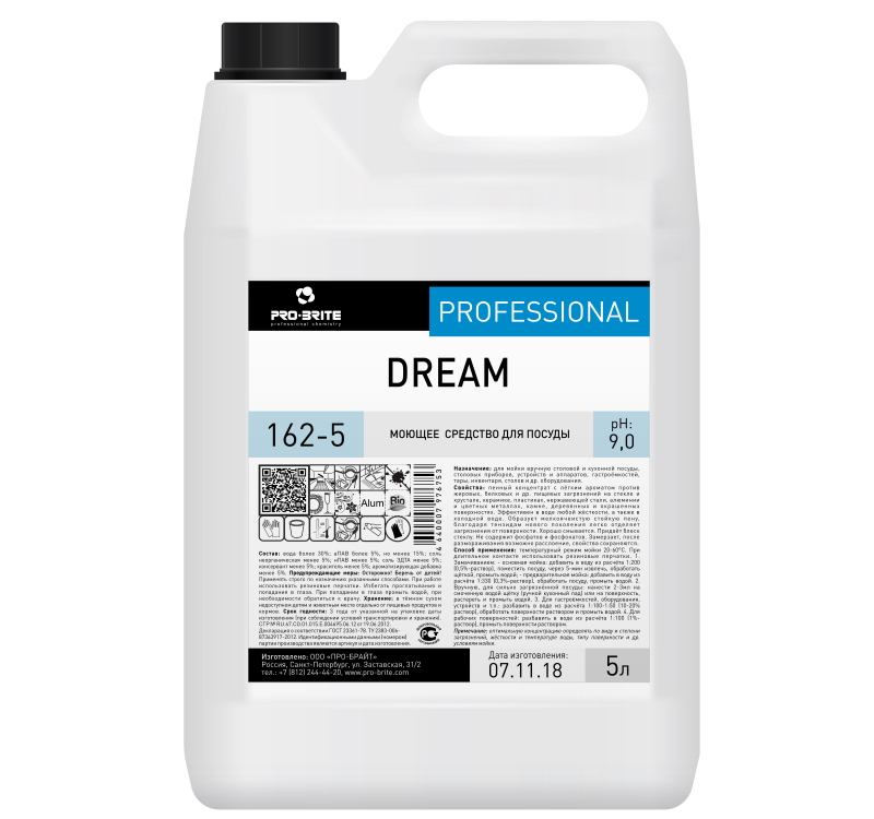 

Средство для мытья посуды PRO-BRITE DREAM, 5л, ассорти (162-5), DREAM