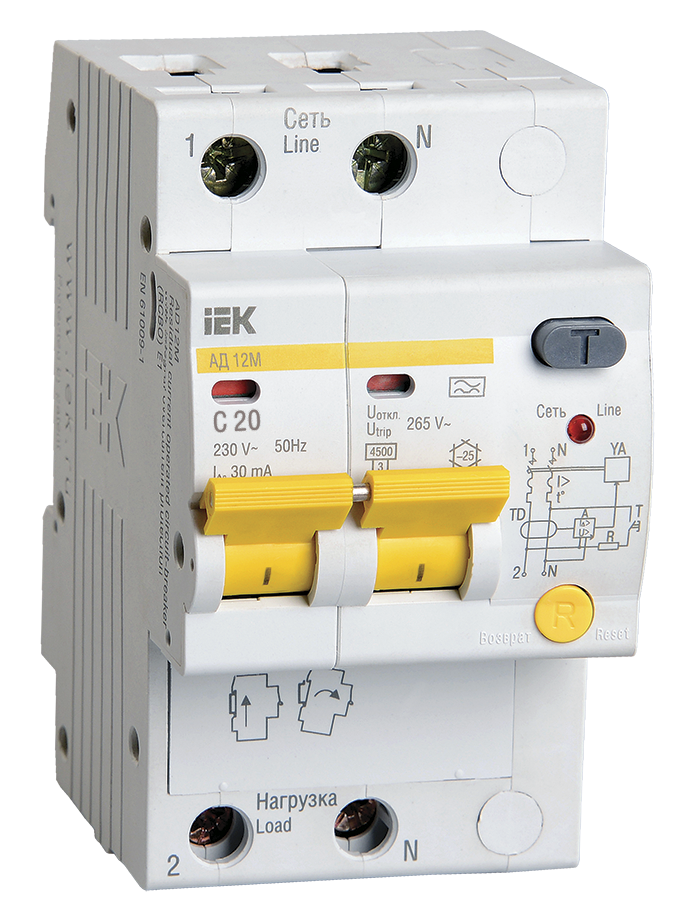 Дифференциальный автомат IEK, 2P, C, 20А, AC/30мА, электронный