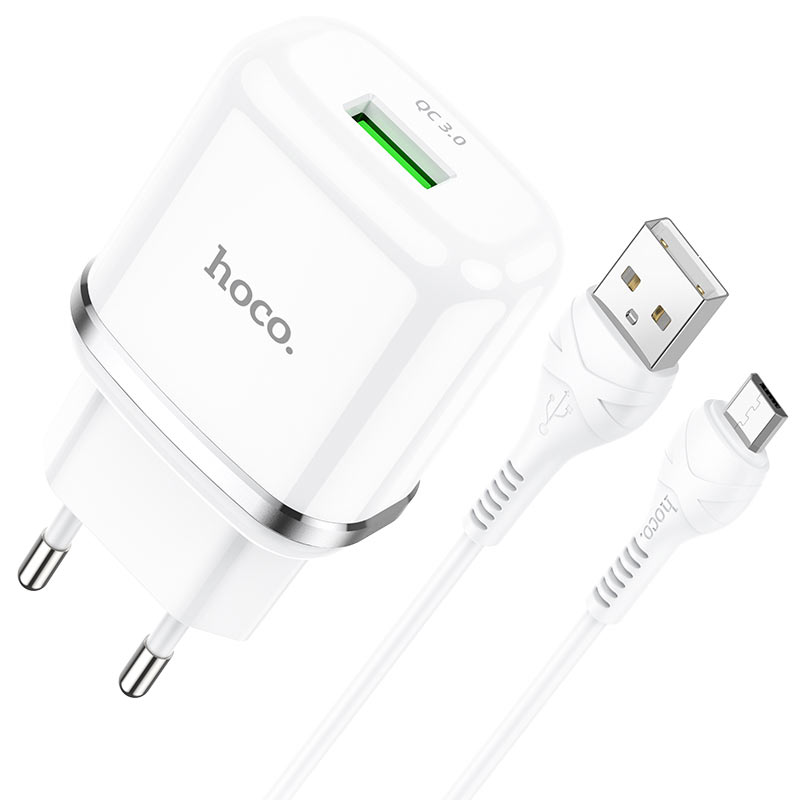 

Сетевое зарядное устройство Hoco N3 18W, 1USB, Quick Charge, 3A, белый (6931474729378), кабель microUSB, N3