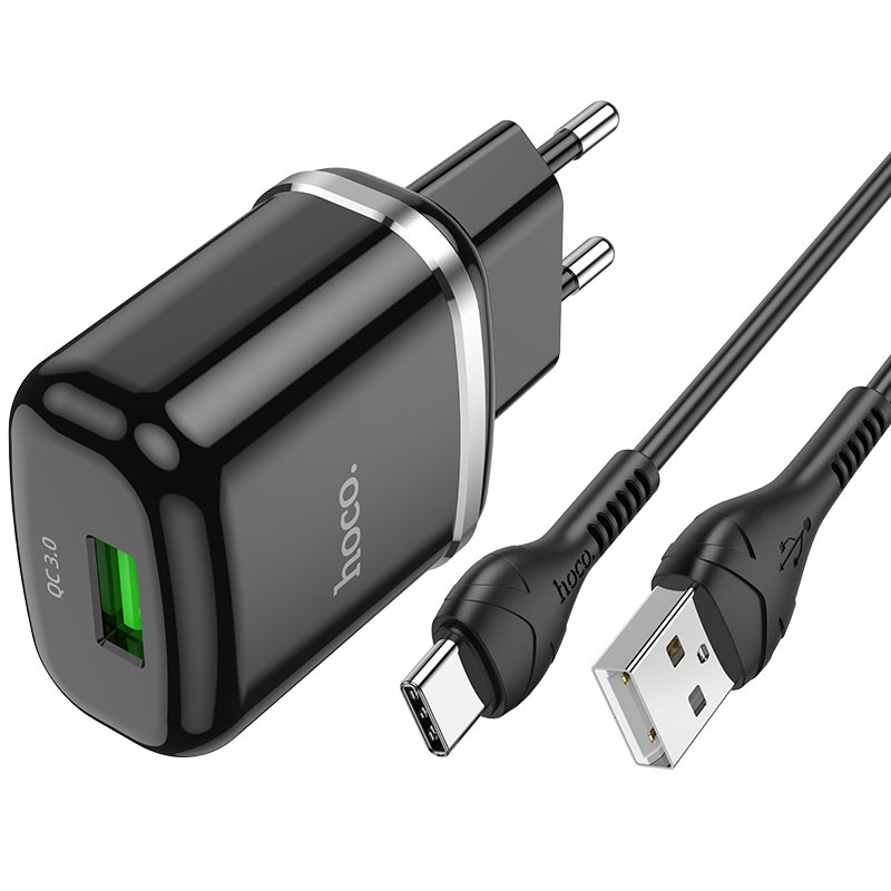 

Сетевое зарядное устройство Hoco N3 18W, 1USB, Quick Charge, 3A, черный (6931474729385), кабель USB Type C, N3