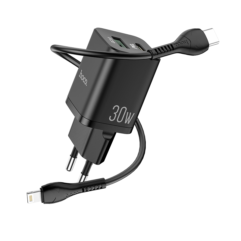 

Сетевое зарядное устройство Hoco N13 Bright 30Вт, USB, USB type-C, Quick Charge, PD, 2.4A, черный (6931474747419), USB Type-C - Lighting 8-pin, N13 Bright