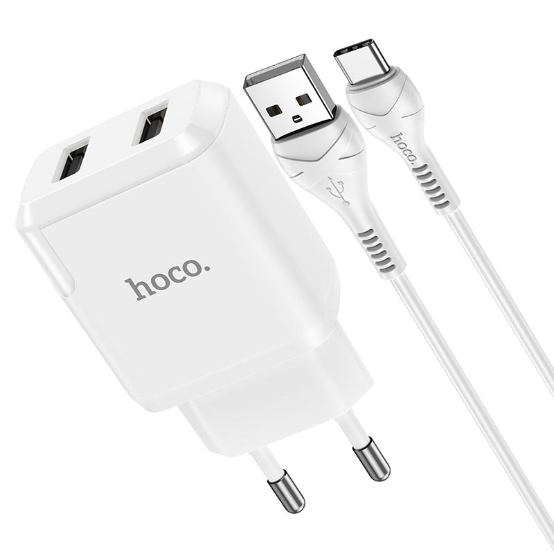 

Сетевое зарядное устройство Hoco N7 Speedy, 2USB, 2.1A, белый (6931474740618), кабель USB Type C, N7 Speedy