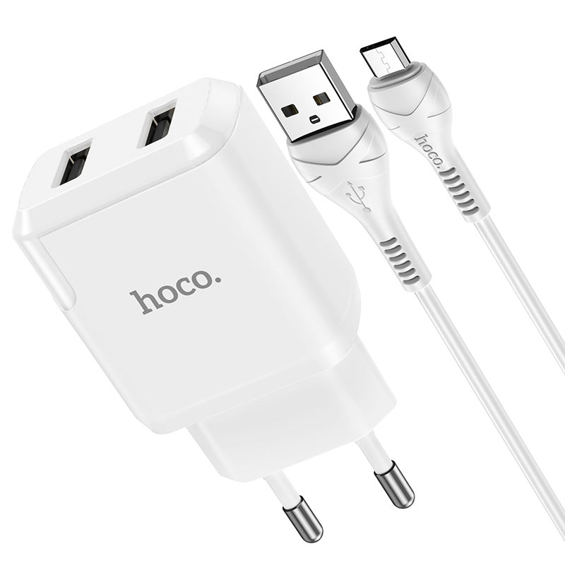 Сетевое зарядное устройство Hoco N7 Speedy, 2USB, 2.1A, белый (6931474740595), кабель microUSB - фото 1