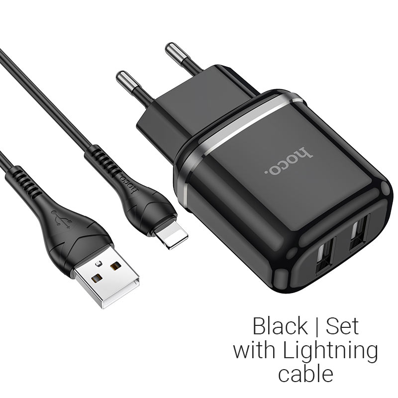 

Сетевое зарядное устройство Hoco N4 Aspiring, 2USB, 2.4A, черный (6931474731012), кабель Lightning, N4 Aspiring