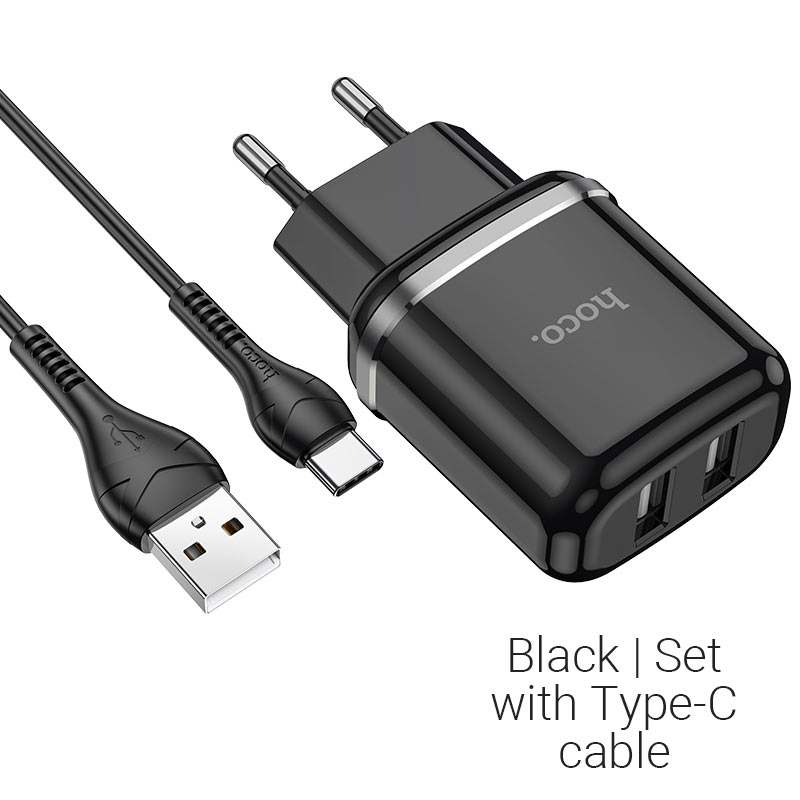 

Сетевое зарядное устройство Hoco N4 Aspiring, 2USB, 2.4A, черный (6931474731050), кабель USB Type C, N4 Aspiring