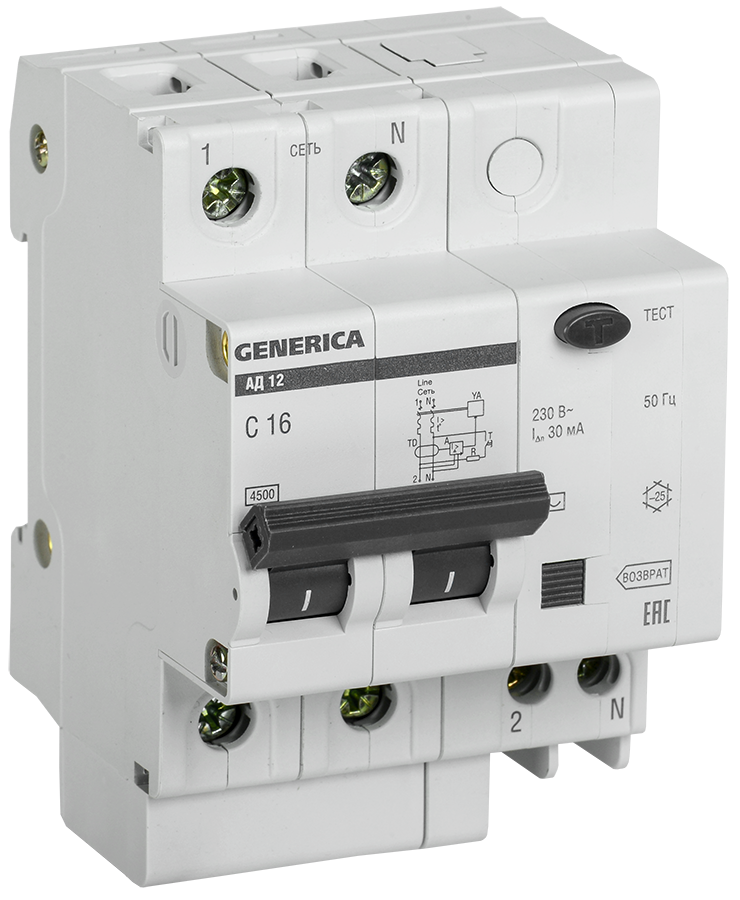 Выключатель автоматический дифференциального тока GENERICA АД12, 2P, C, 16А, AC/30мА (MAD15-2-016-C-030)