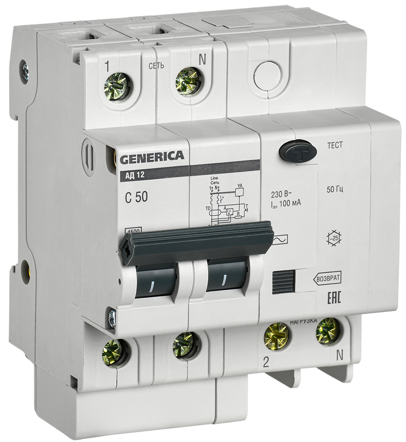 Дифференциальный автомат GENERICA, 2P, C, 50А, AC/30мА