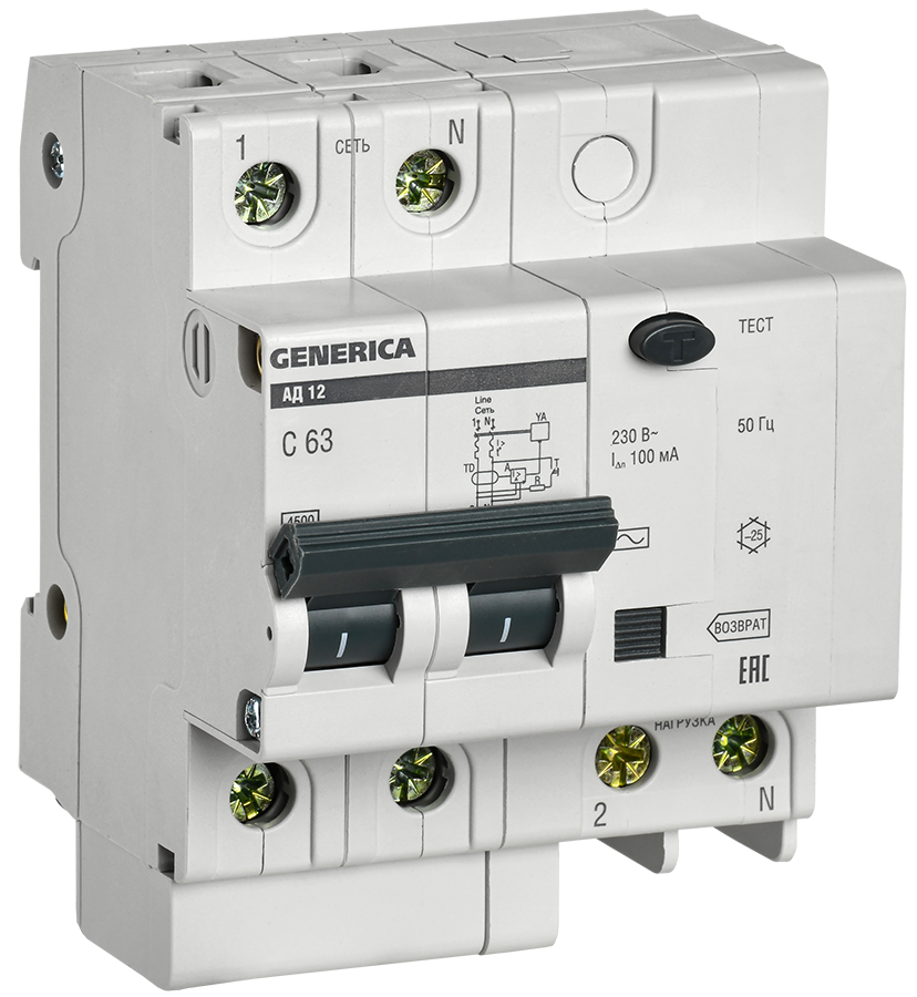 Выключатель автоматический дифференциального тока GENERICA АД12, 2P, C, 63A, AC/100мА (MAD15-2-063-C-100)
