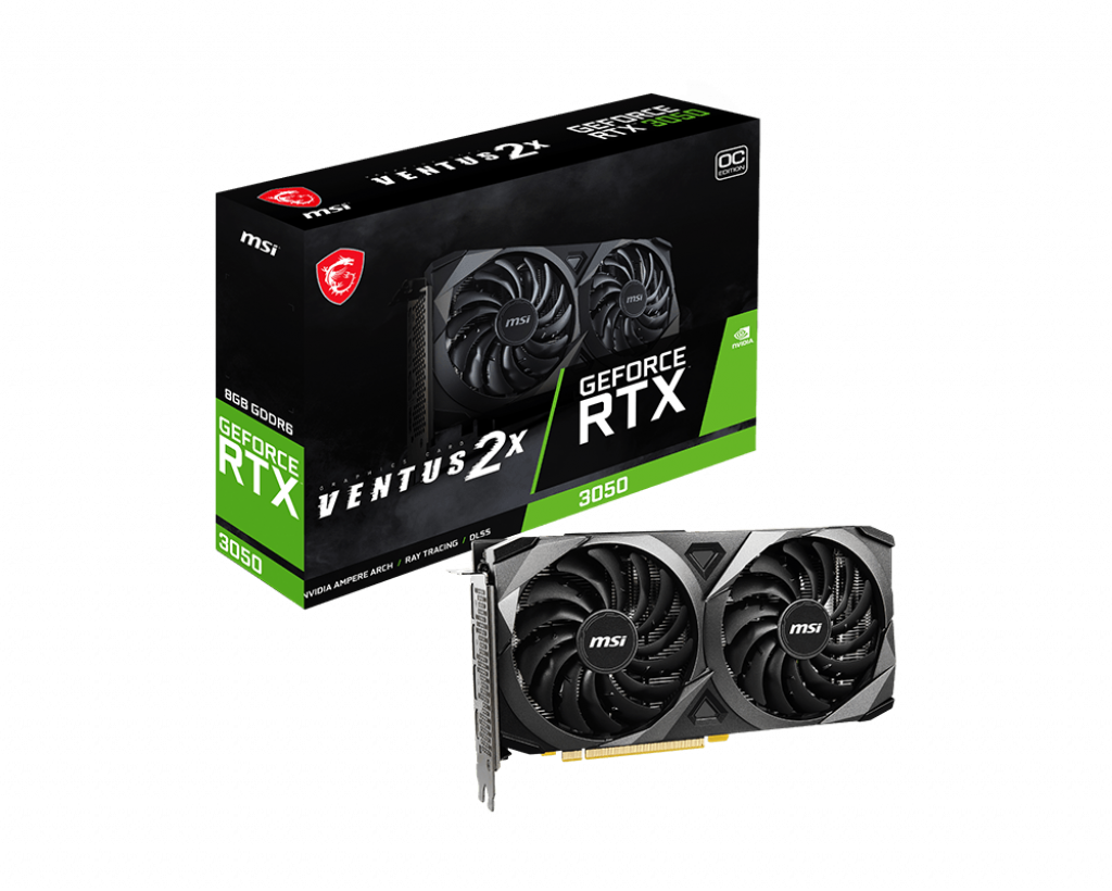 

Видеокарта MSI NVIDIA GeForce RTX 3050 VENTUS 2X OC, 8Gb DDR6, 128 бит, PCI-E, HDMI, 3DP, Retail (RTX 3050 VENTUS 2X 8G OC), VENTUS 2X OC