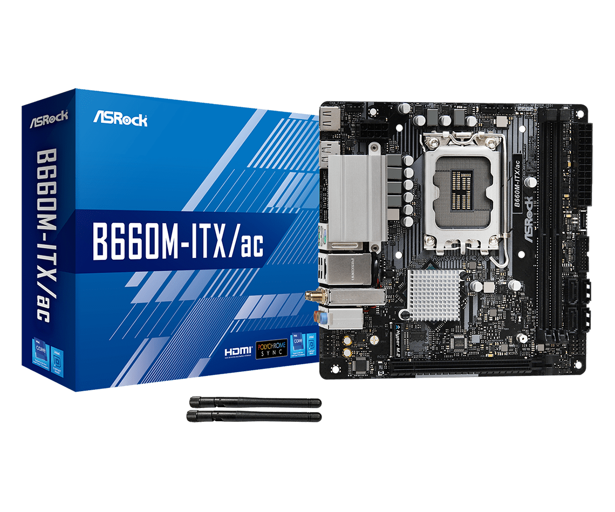 

Материнская плата ASRock B660M-ITX/ac, Socket1700, Intel B660, 2xDDR4, PCI-Ex16, 4SATA3, 7.1-ch, GLAN, 4 USB 3.1, 1 USB Type-C, HDMI, DP, mini-ITX, Retail, B660M-ITX/ac
