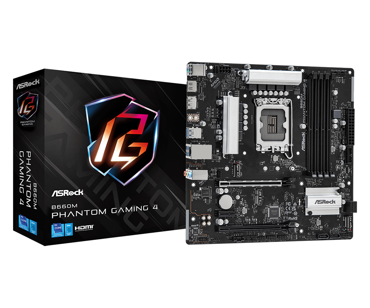 

Материнская плата ASRock B660M PHANTOM GAMING 4, Socket1700, Intel B660, 4xDDR4, 2PCI-Ex16, 4SATA3, 7.1-ch, GLAN, 6 USB 3.1, HDMI, DP, mATX, Retail, B660M PHANTOM GAMING 4