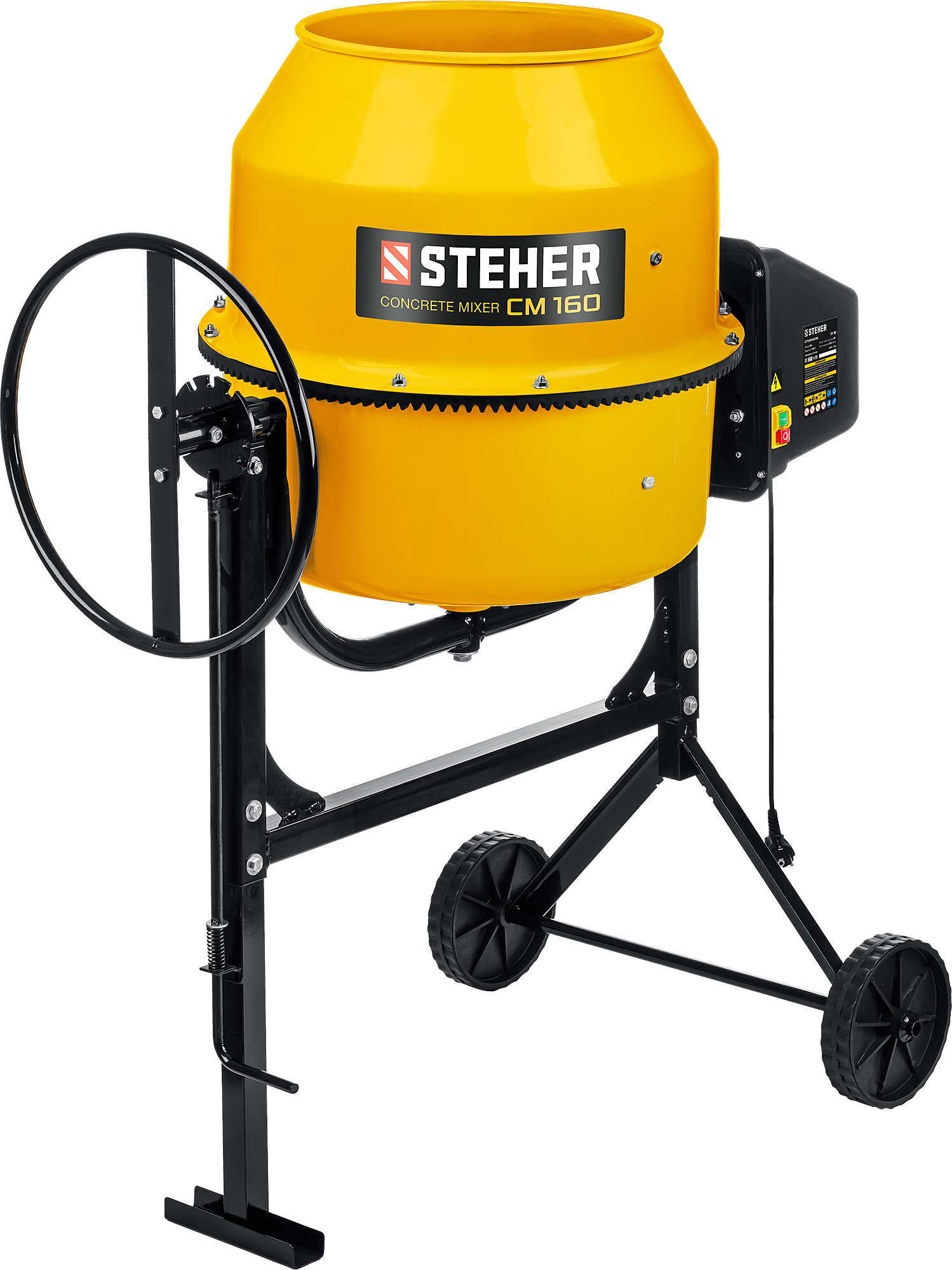 

Бетоносмеситель STEHER CM-160, однофазный, 700 Вт, объем смесителя 160 л, скорость вращения барабана 27 об/мин, CM-160