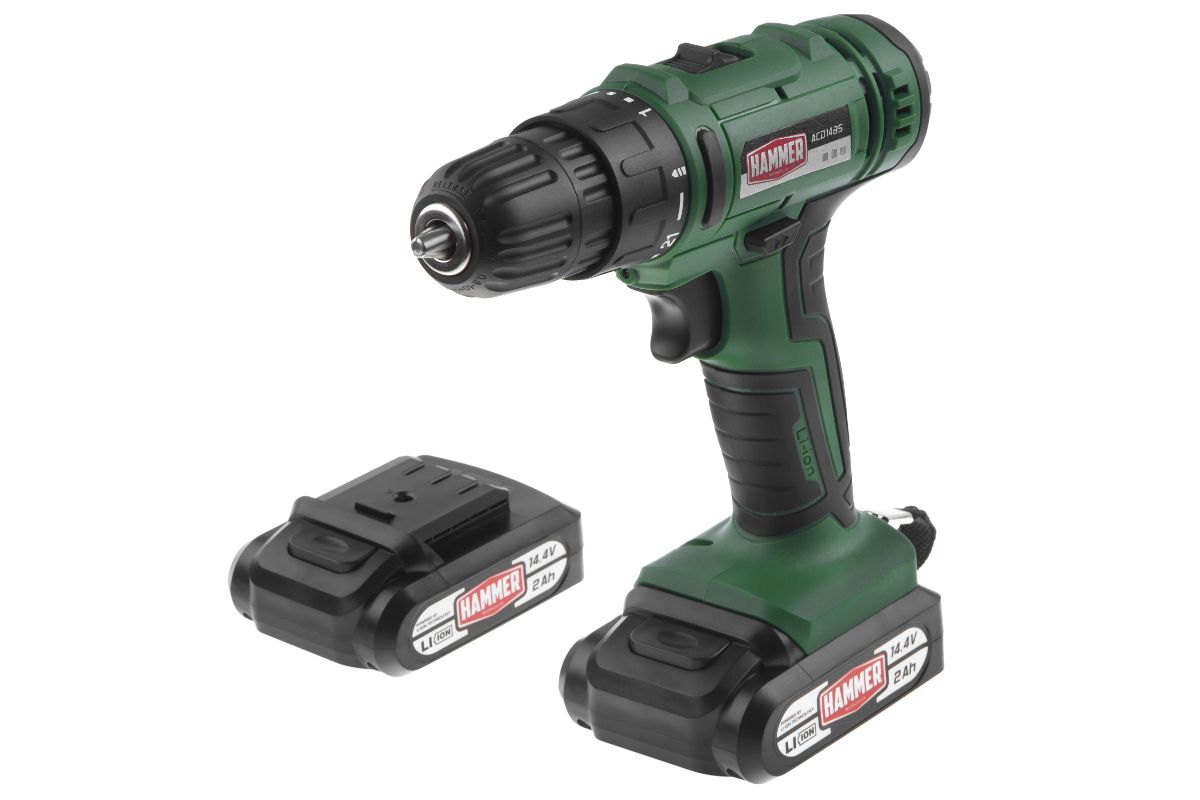 

Дрель-шуруповерт Hammer ACD14BS, аккумуляторный, 38 нм, 1350 об/мин, 14.4V, 2 А·ч, Li-Ion, два акб, быстрозажимной патрон, кейс, 2.26 кг, ACD14BS