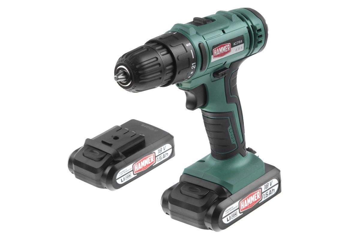 

Дрель-шуруповерт Hammer ACD18A, аккумуляторный, 35 Н·м, 1250 об/мин, 18V, 1.5 А·ч, Li-Ion, два акб, быстрозажимной патрон, кейс, 2.29кг, ACD18A