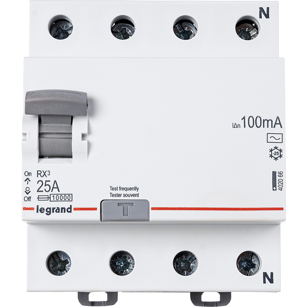 

Выключатель дифференциальный (УЗО) ВДТ RX³, 4P, 25A, 100мА, электромеханический, тип АС, LEGRAND (402066)