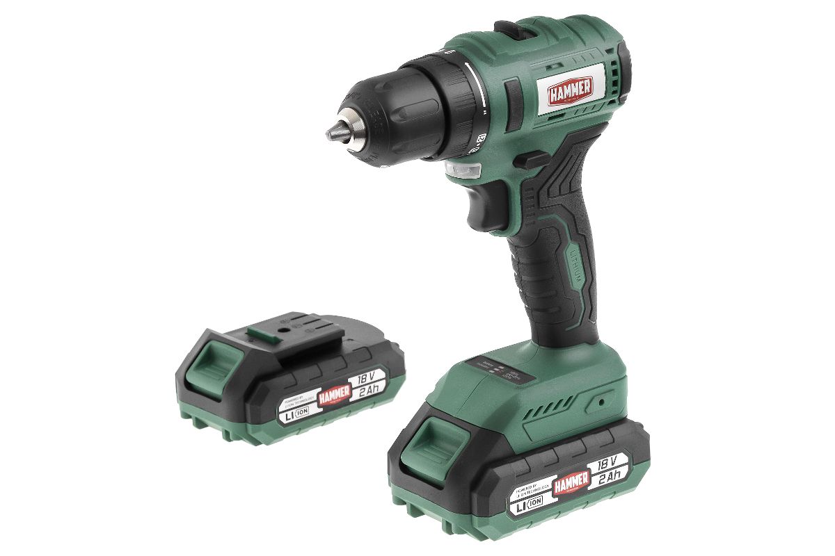 

Дрель-шуруповерт Hammer ACD18BL, аккумуляторный, 50 нм, 1500 об/мин, 18V, 2 А·ч, Li-Ion, два акб, быстрозажимной патрон, кейс, 2 кг, ACD18BL