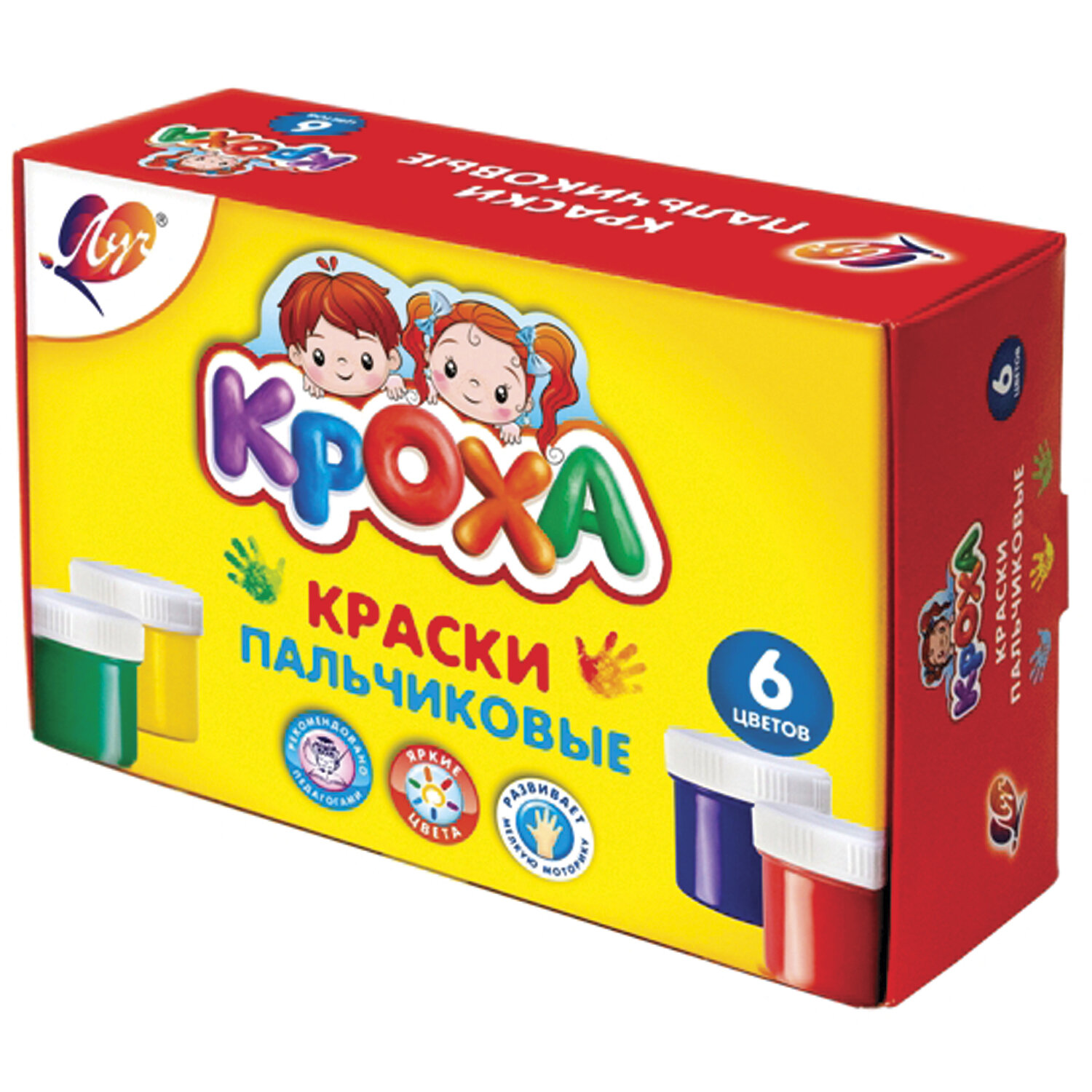 

Краски пальчиковые 1шт./6 цветов, белый, желтый, зеленый, красный, синий, черный, 40мл, банка, ЛУЧ Кроха 24С1508-08 (191285), 24С1508-08