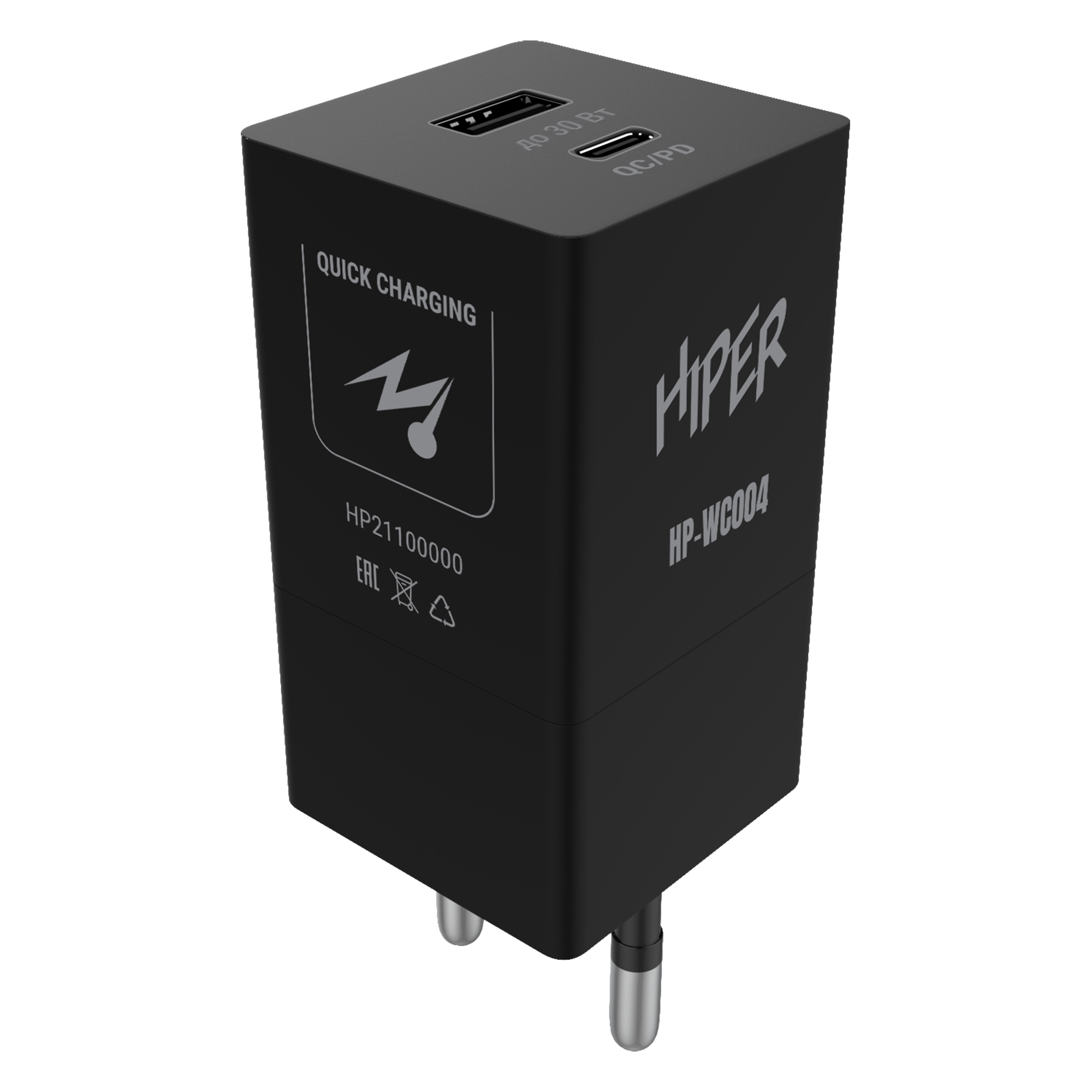 Сетевое зарядное устройство HIPER HP-WC004 30W, 1USB, USB type-C, Quick Charge, PD, 3A, черный