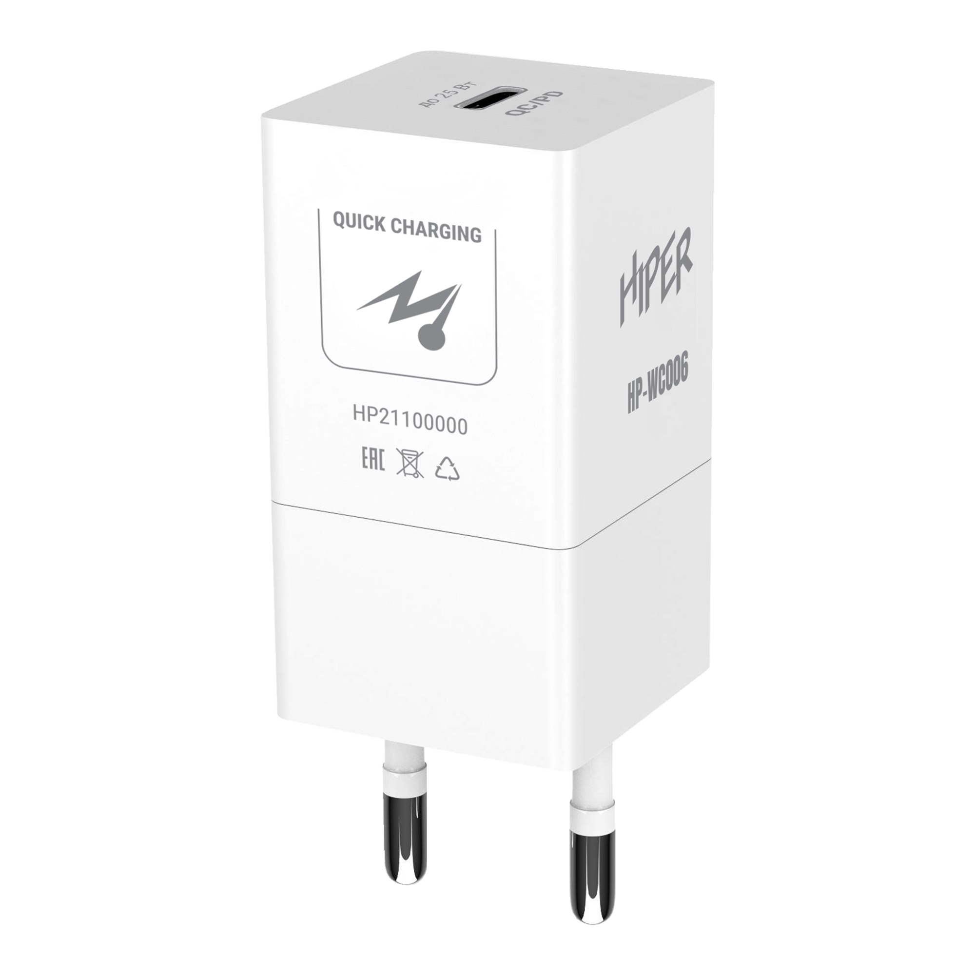 

Сетевое зарядное устройство HIPER HP-WC006 25W, USB type-C, Quick Charge, PD, 3A, белый, HP-WC006