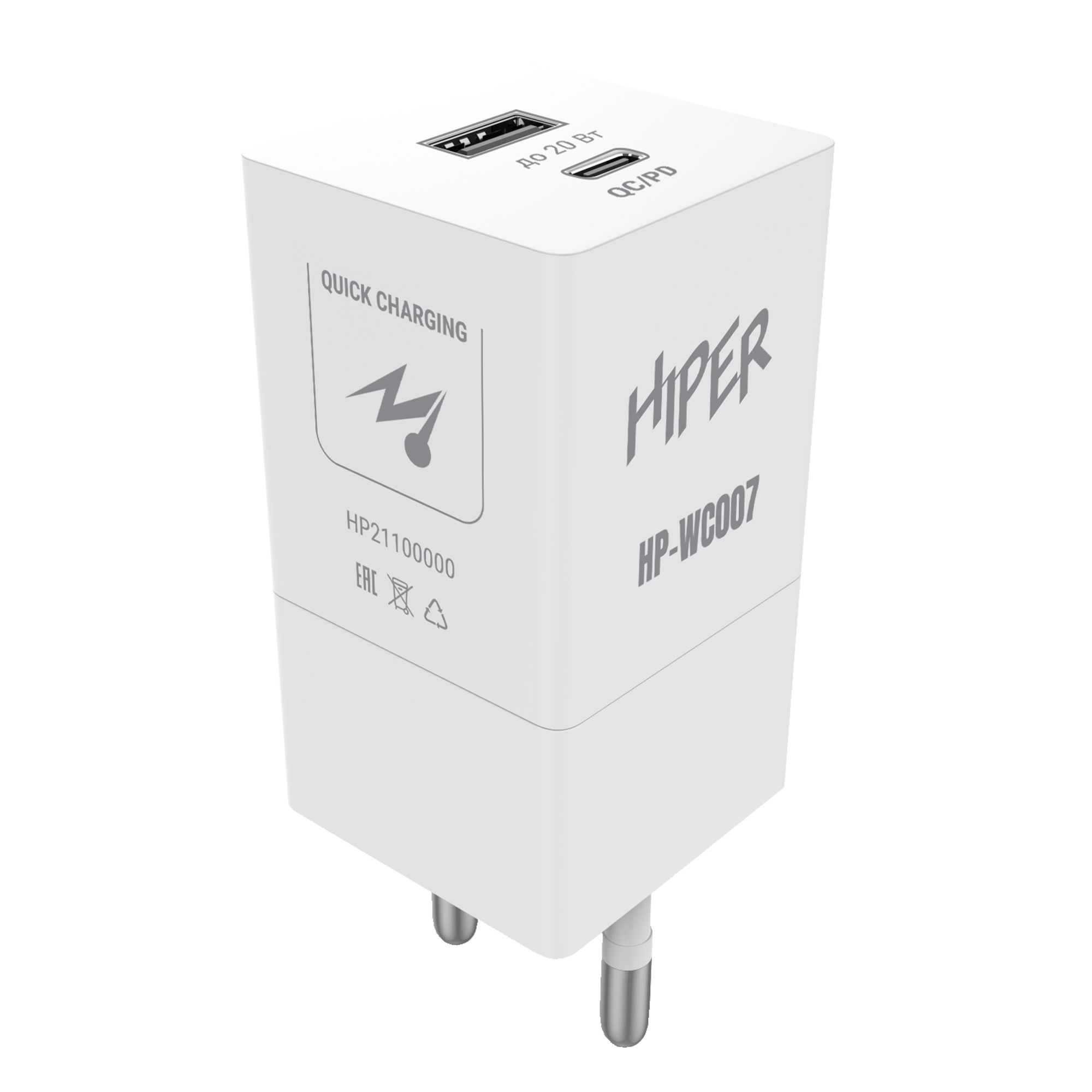 Сетевое зарядное устройство HIPER HP-WC007 20W, 1USB, USB type-C, Quick Charge, PD, 3A, белый