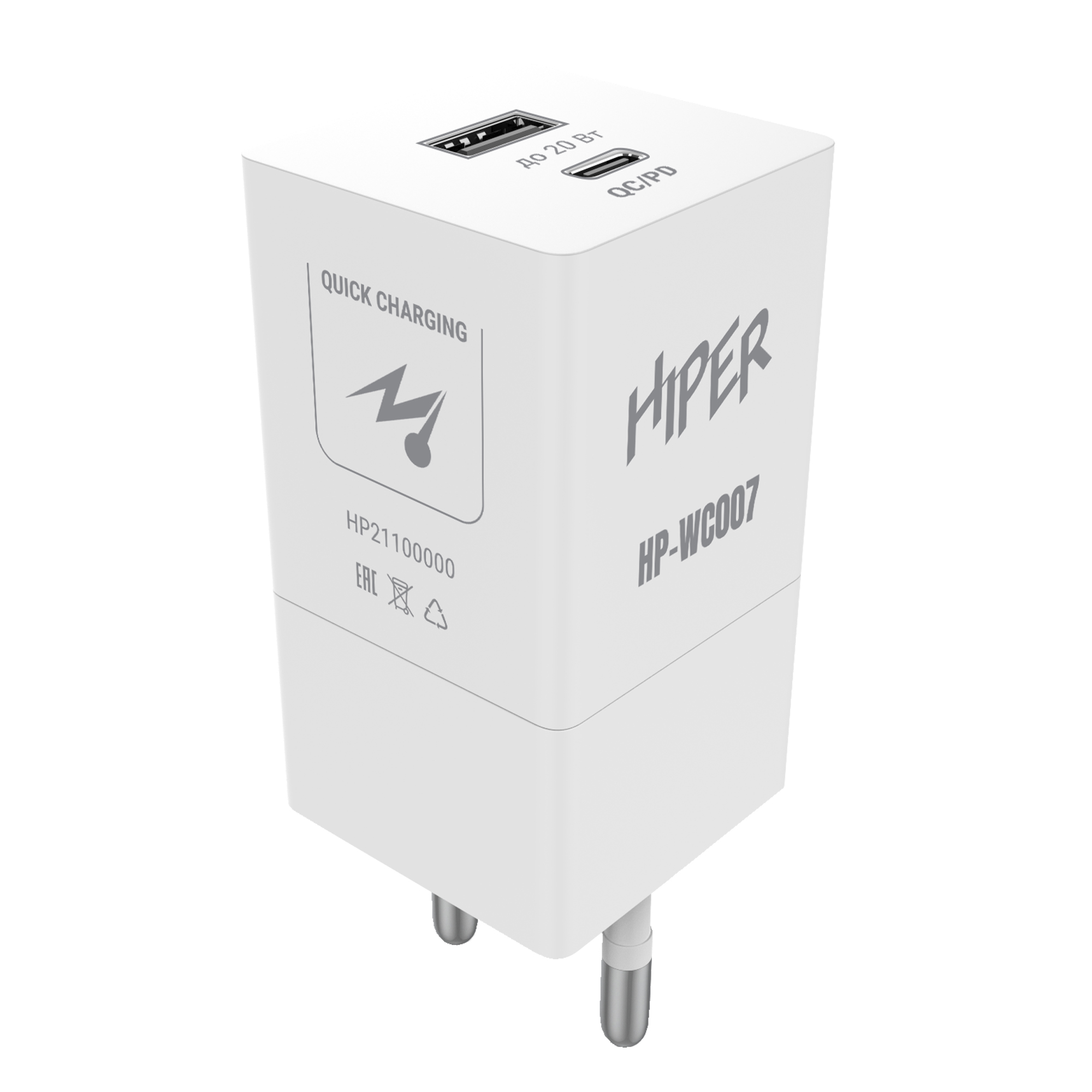 

Сетевое зарядное устройство HIPER HP-WC007 20W, 1USB, USB type-C, Quick Charge, PD, 3A, белый, HP-WC007