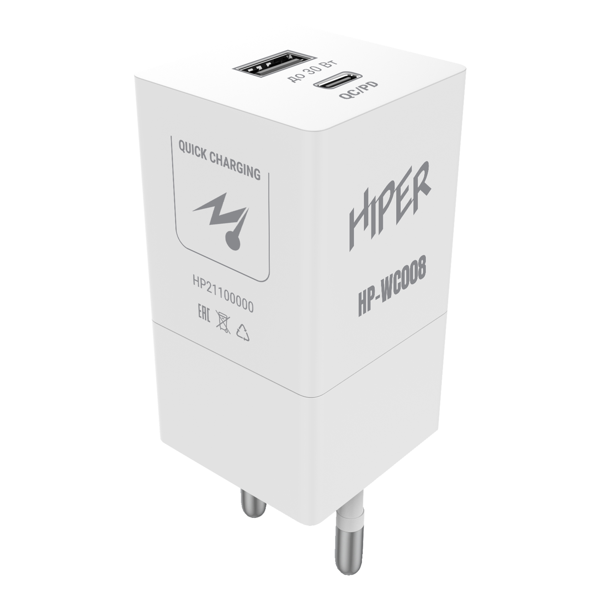 Сетевое зарядное устройство HIPER HP-WC008 30W, 1USB, USB type-C, Quick Charge, PD, 3A, белый