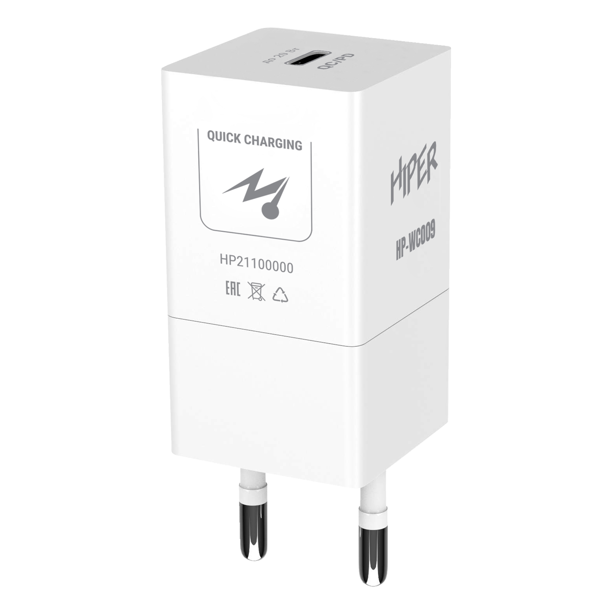 

Сетевое зарядное устройство HIPER HP-WC009 20W, USB type-C, Quick Charge, PD, 3A, белый, HP-WC009