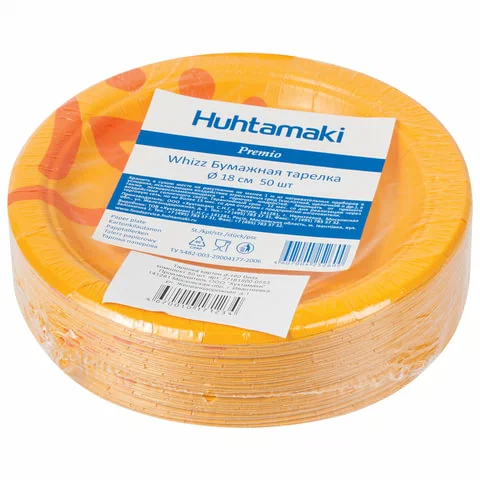 

Тарелки одноразовые Huhtamaki Whizz, 18см, бумажные (покрытие ПЭ), 50шт., печать (рисунок) ( 77181800-0553), 0
