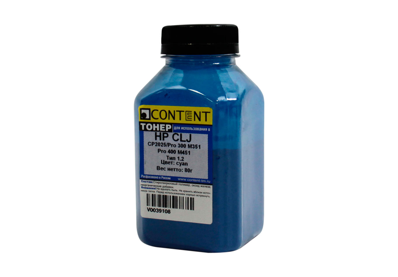 Тонер Content Тип 1.2, бутыль 80 г, голубой, совместимый для CLJ CP2025, Pro 300 M351, 400 M451 (V0039108)