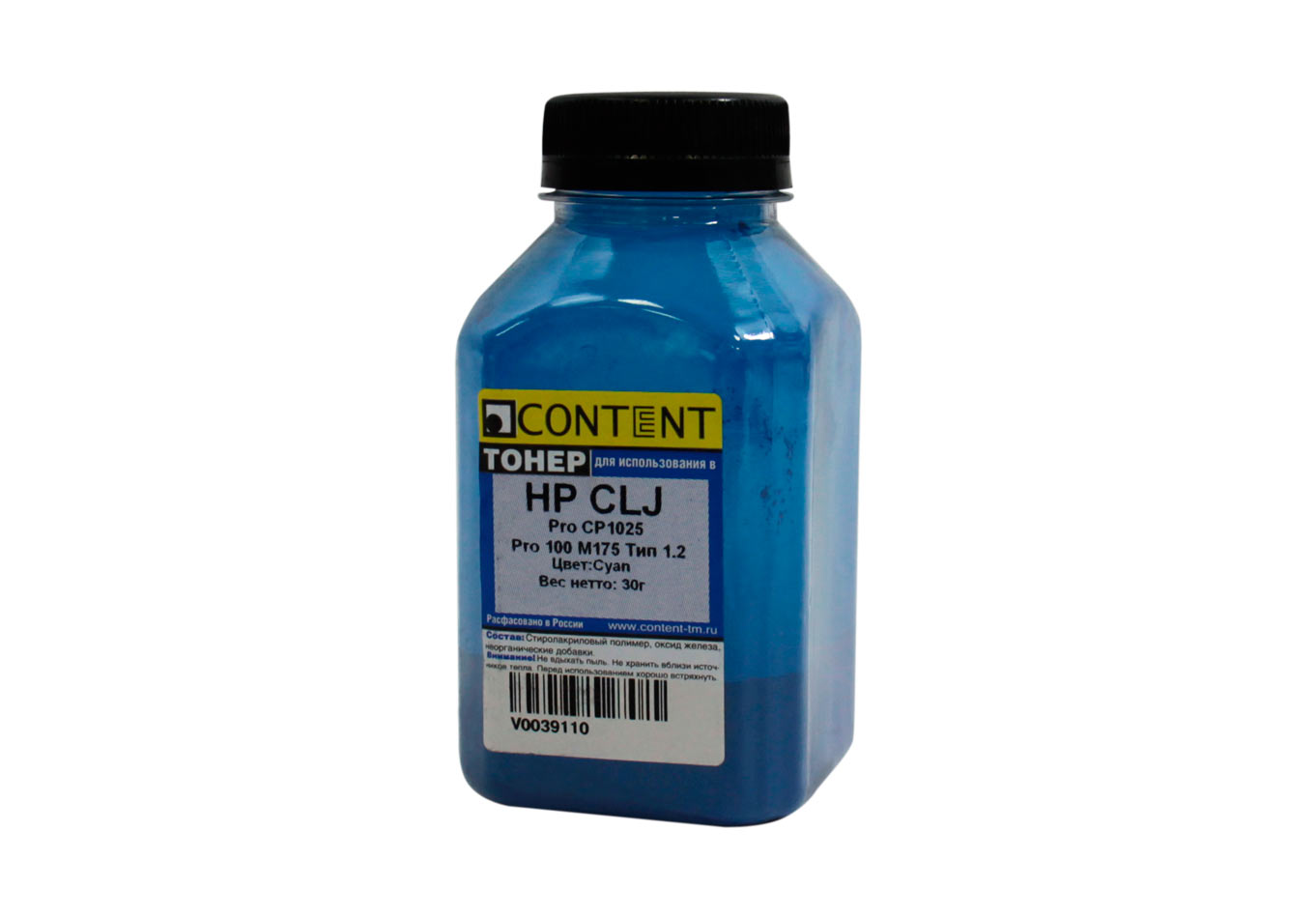 

Тонер Content Тип 1.2, бутыль 30 г, голубой, совместимый для CLJ Pro CP1025, Pro 100 M175 (V0039110), Тип 1.2