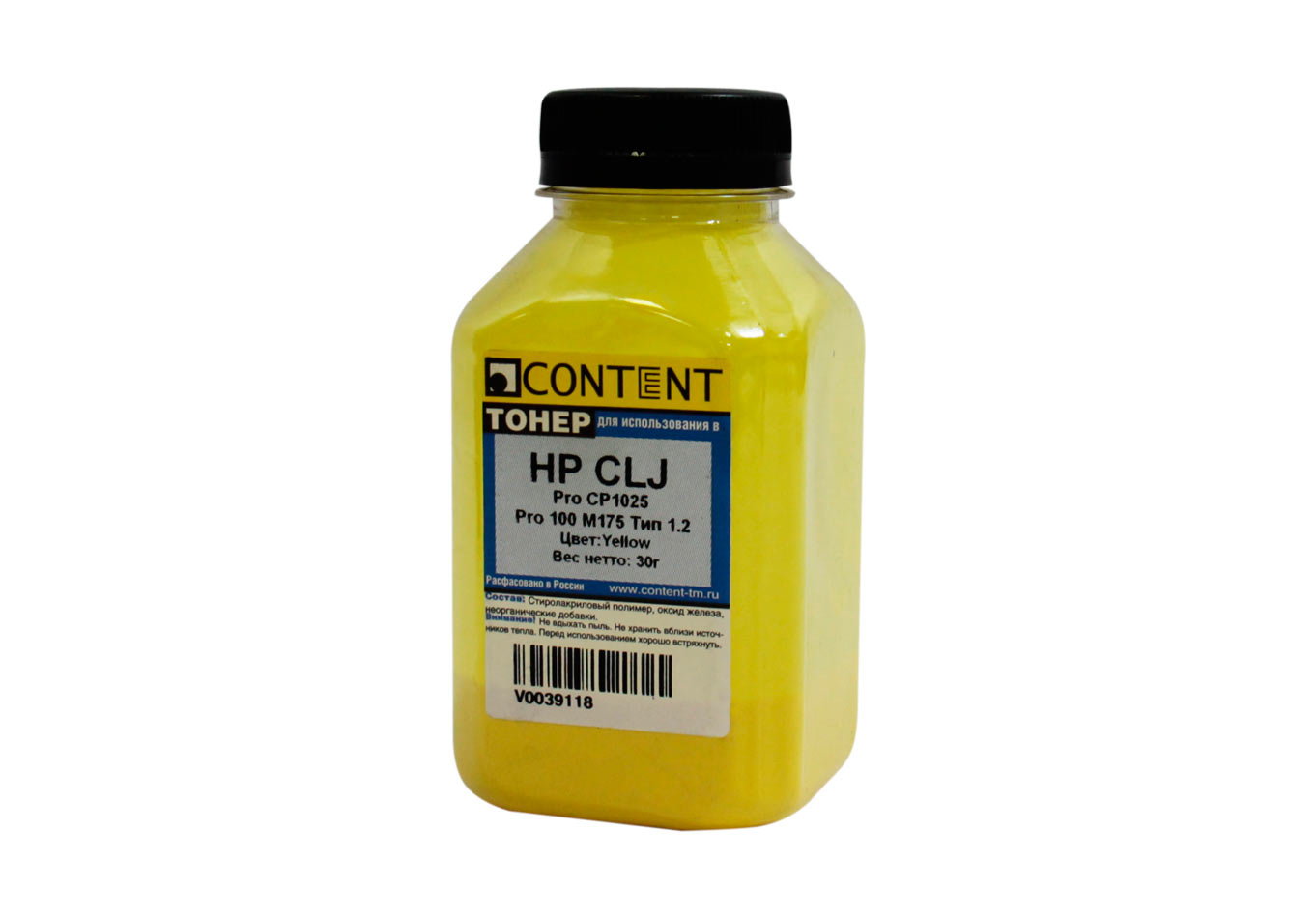 

Тонер Content Тип 1.2, бутыль 30 г, желтый, совместимый для CLJ Pro CP1025, Pro 100 M175 (V0039118), Тип 1.2