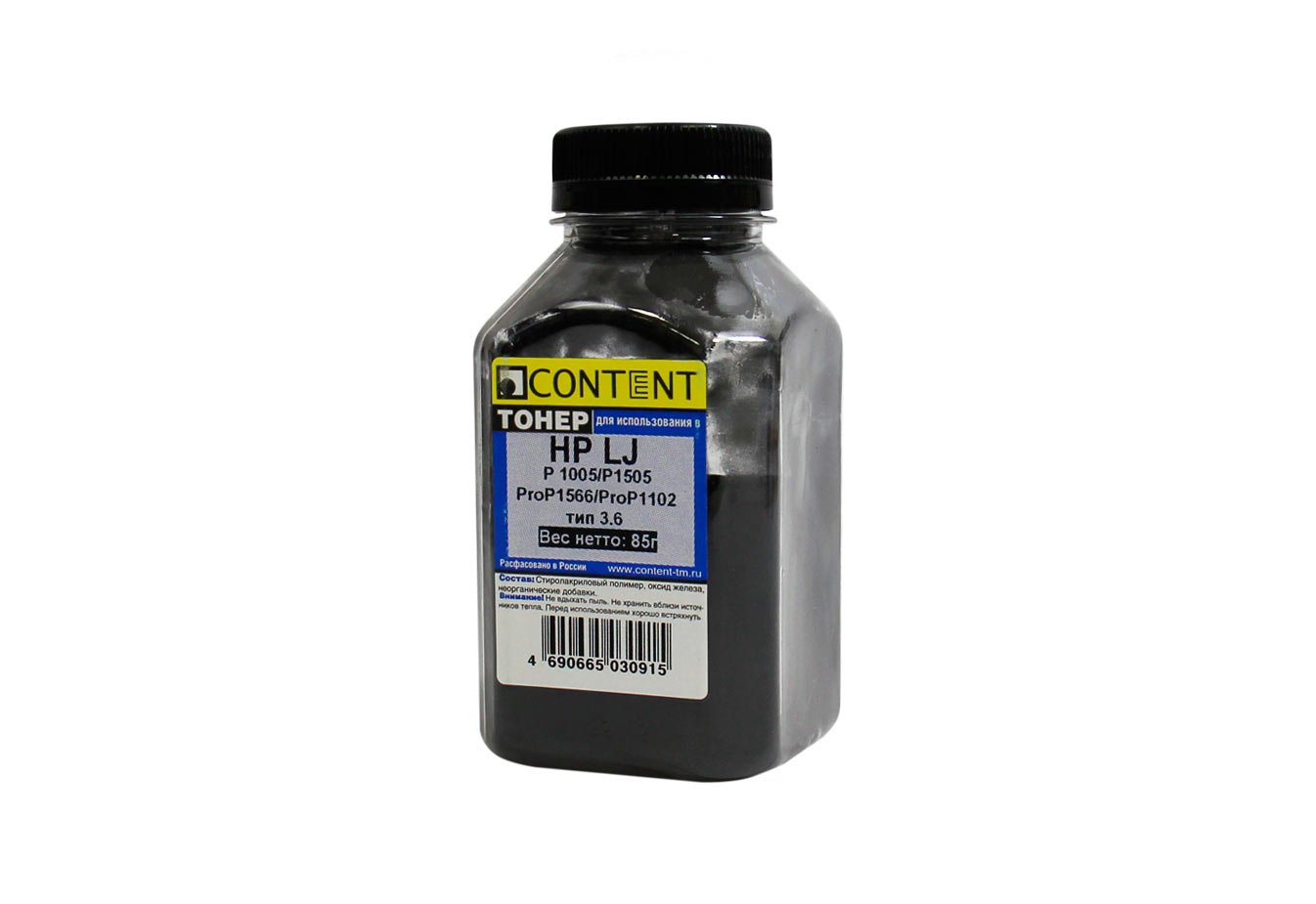 Тонер Content Тип 3.6, бутыль 85 г, черный, совместимый для LJ P1005/1505, Pro P1566/1102 (4010715509286)