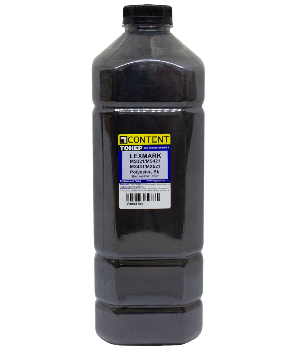 Тонер Content, бутыль 750 г, черный, совместимый для Lexmark MS321/421, MX431/521, Polyester (V0043155)
