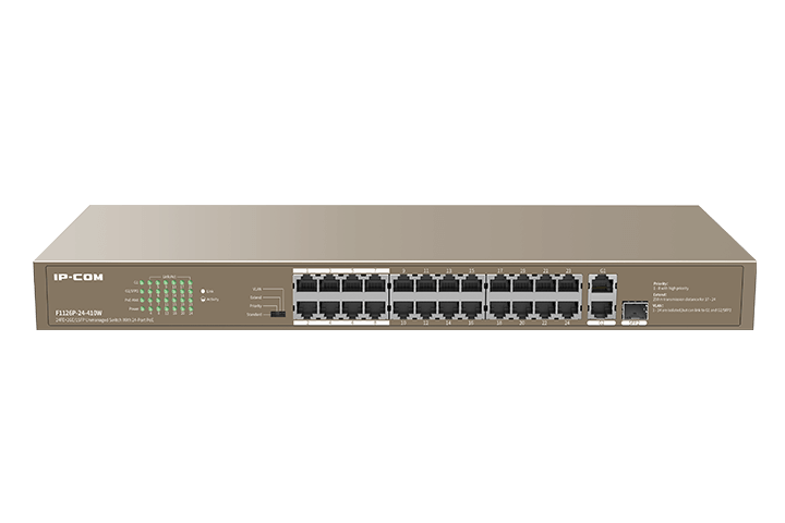 

Коммутатор IP-COM, кол-во портов: 24x100 Мбит/с, кол-во SFP/uplink: combo RJ-45/SFP 2x1 Гбит/с, установка в стойку, PoE: 24x30Вт (макс. 370Вт) (F1126P-24-410W), 0