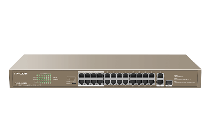 Коммутатор IP-COM, кол-во портов: 24x100 Мбит/с, кол-во SFP/uplink: combo RJ-45/SFP 2x1 Гбит/с, установка в стойку, PoE: 24x30Вт (макс. 370Вт) (F1126P-24-410W) - фото 1