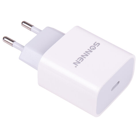 Сетевое зарядное устройство SONNEN 20W, USB type-C, PD, 3A, белый (455507)