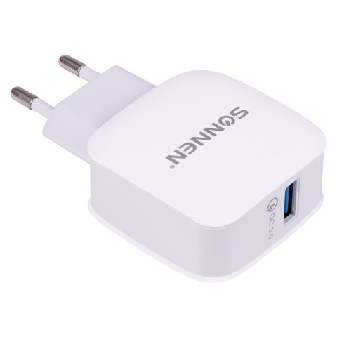 Сетевое зарядное устройство SONNEN 18W, USB, Quick Charge, 3A, белый ( 455506)