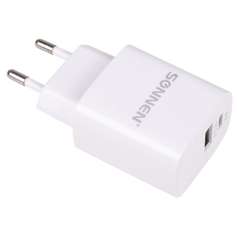 Сетевое зарядное устройство SONNEN 20W, USB, USB type-C, Quick Charge, PD, 3A, белый ( 455505)