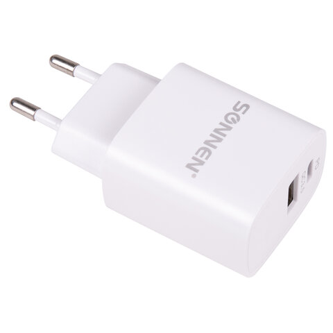 

Сетевое зарядное устройство SONNEN 20W, USB, USB type-C, Quick Charge, PD, 3A, белый ( 455505)